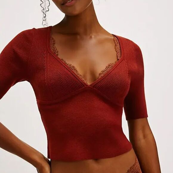 NWOT Free People Intimately Teagan Swit Short Sleeve Knit Top, Spiced Rum, Sz XS - Picture 1 of 6